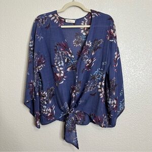 Millibon Blue Floral Flare Sleeves V-Neck Tie Front Top, Sz Large